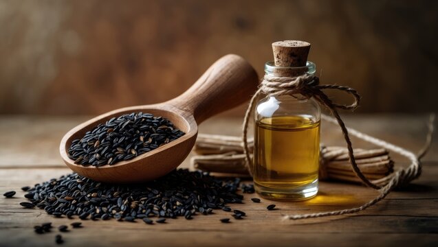 Black cumin seeds essential oil in a glass bottle presented on a spoon with a wooden background, highlighting its use in herbal medicine.