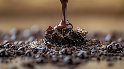 Pouring Melted Dark Chocolate onto Chocolate Dessert