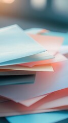 Stack of Colorful Paper Sheets Abstract Close Up Macro Shot Minimalist Style Office Desk Home Studio Pastel Colors