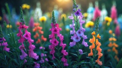Obraz premium Violet antirrhinum blooming amidst vibrant green garden foliage