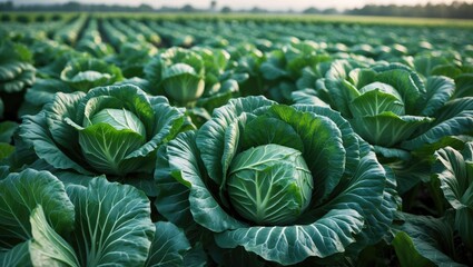 Obraz premium Vivid green cabbage leaves cultivated in an agricultural field