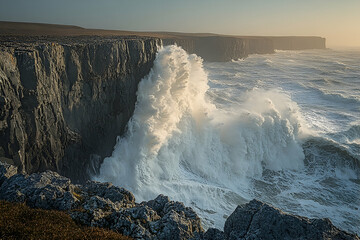Powerful Waves Crashing Against Dark Cliffs at Sunrise