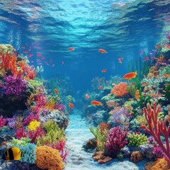 Obraz premium Vivid Coral Reef Ecosystem with Swimming Fish Underwater View Tropical Marine Life Colorful Seascape Ocean Floor Scenery
