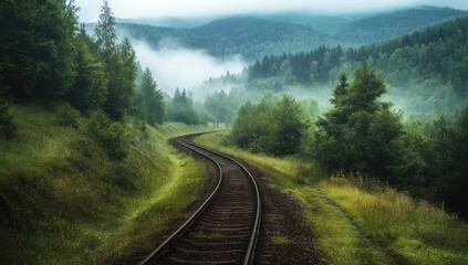 Fototapeta premium serene railway curving through lush woodland landscape enveloped in gentle fog and verdant mountains