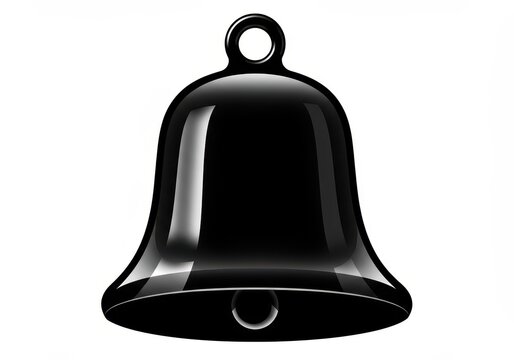 A shiny black bell with a clapper hangs against a stark white background, ready to ring out a clear tone