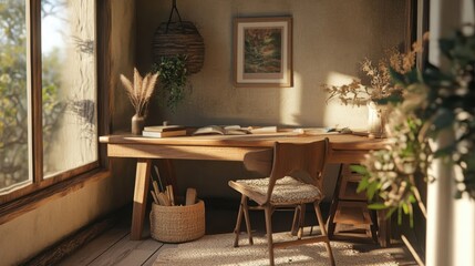 Obraz premium Workspace with wooden desk, chair, and natural decor