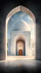 Grand architectural perspective framing a white mosque under a cloudy sky