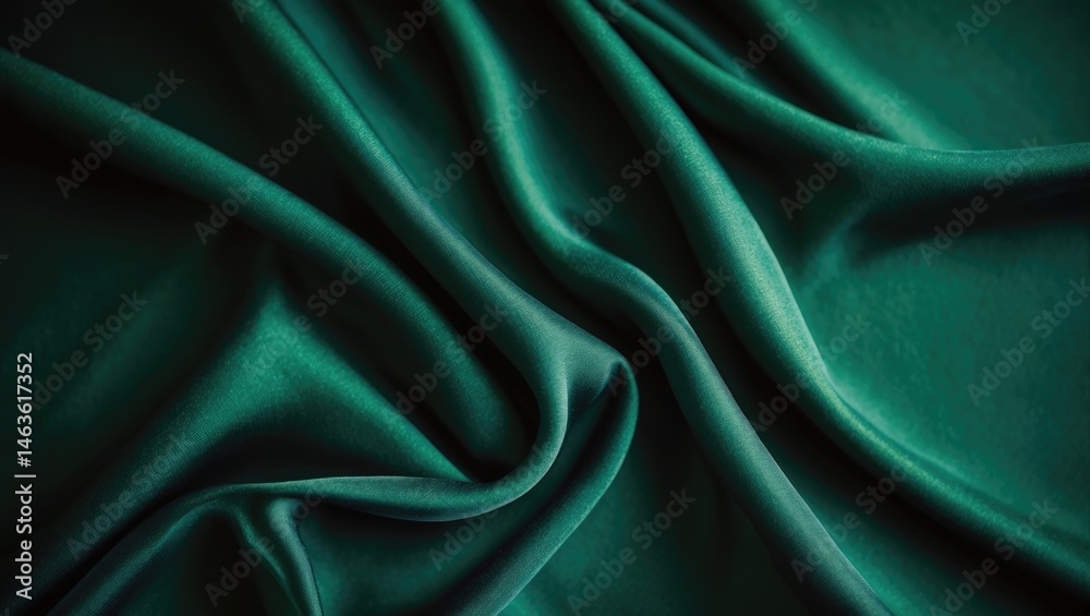 Poster Top-down view of a silk fabric with rich emerald green texture and pattern on a dark background, suitable for table background.