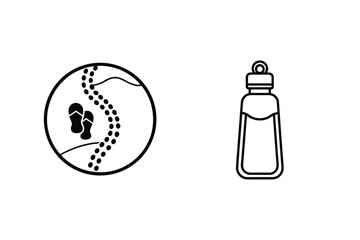 Black outline illustration showing footprints path to water bottle concept in outdoor lifestyle