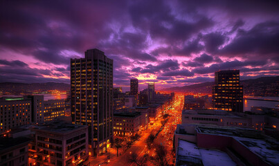 Purple Sunset Over Snowy Cityscape