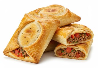 Close up of freshly baked meat pies with flaky crust on a white background