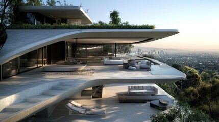 Modern hillside home with panoramic city view at sunset
