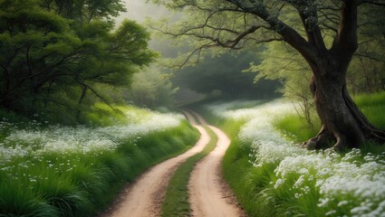 Obraz premium A tranquil trail stretching into woodland, edged with blooming white wildflowers