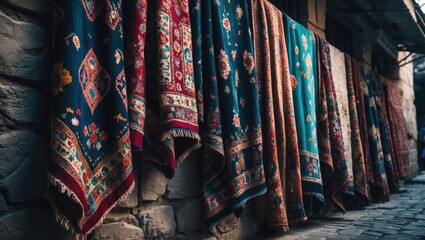 Old street market featuring Indian style oriental carpets