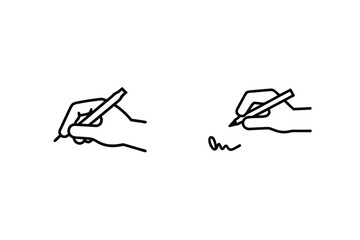 Minimalistic black and white outlined illustrations of a hand holding a pen signing a document