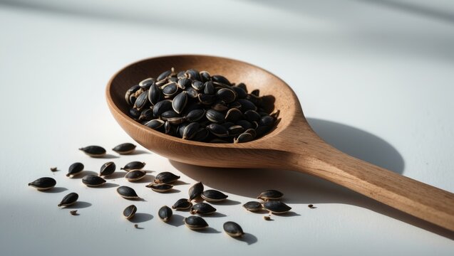 Seeds in a wooden spoon displayed against a white backdrop