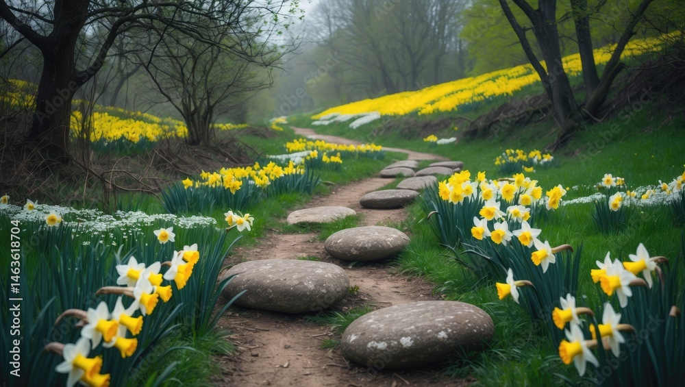 Poster springtime features: a stone-lined trail passes through a meadow abundant with yellow and white daff