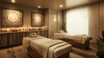 Fototapeta premium Serene spa room with massage tables and calming ambiance