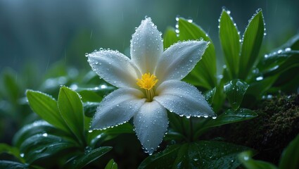Beautiful white blossom featuring rain-kissed petals amidst vibrant green foliage