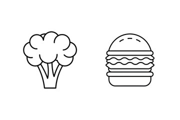 Simple outline illustration of a healthy broccoli vegetable next to a delicious hamburger