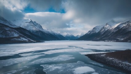 High-angle drone shot of a winter landscape blanketed in snow, with towering mountains and a frozen polar ocean, all under a clear blue sky on a sunny day