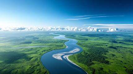 Aerial View of River Meandering Through Lush Green Landscape