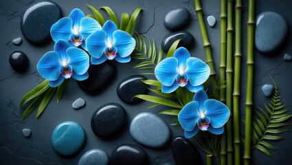Vibrant blue orchids paired with bamboo stalks, green foliage, and spa stones on a table in a flat lay style