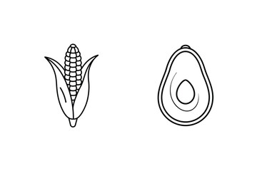 Simple monochrome outline drawings of corn and avocado for culinary and healthy eating concepts