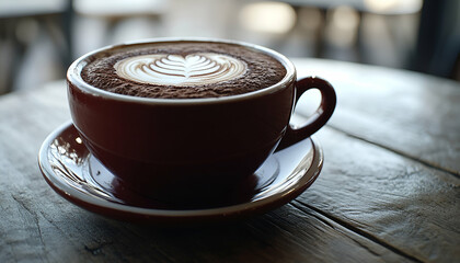 Red Cup of Latte Art Coffee on Wooden Table