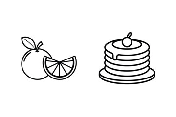 Simple black and white illustration of orange fruit and delicious pancakes with syrup