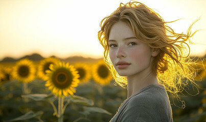 Red haired Woman in Sunflower Field at Sunset