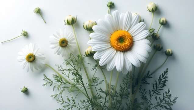 White daisy-like chamomile flowers, buds, and leaves isolated, representing herbal plant for medicine and cosmetics.