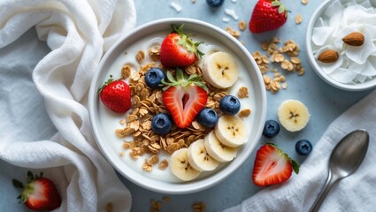 Healthy yogurt parfait with granola, fruit, and nuts including banana, strawberry, blueberry, and coconut slices