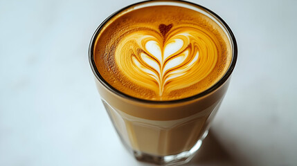 Coffee latte with art design in glass cup