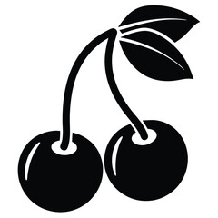 Minimalist Black Cherry Silhouette with Leaves in Simple Vector Style