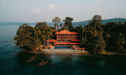 Red Roof Hotel on Tropical Island Beach