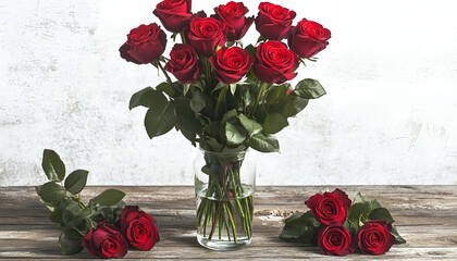 Red Rose Bouquet in Glass Vase on Wooden Table