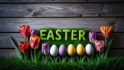 Springtime tulips and Easter eggs set against weathered wooden surface