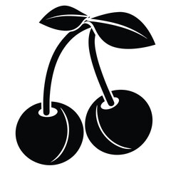 Minimalist Black Cherry Silhouette with Leaves in Simple Vector Style