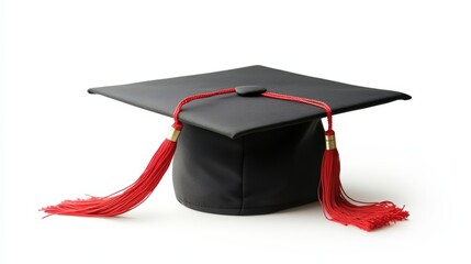 Black graduation cap with vibrant red tassel isolated on white backdrop