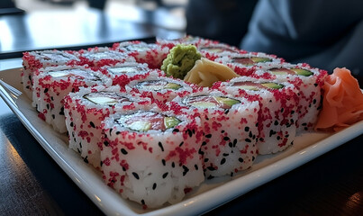 Red Tobiko Sushi Rolls with Avocado on White Plate