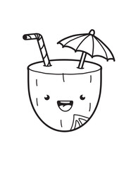 Coconut Cup with Straw and Umbrella Line Art
