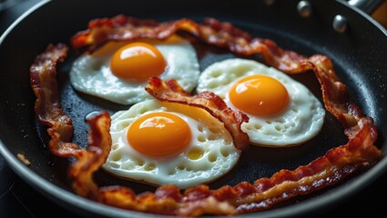 Morning meal featuring fried eggs and crunchy bacon strips