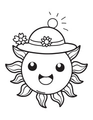 Sun Wearing Hat Kawaii Summer Line Art Coloring Page