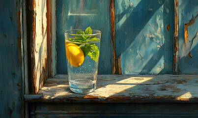 Refreshing Lemon and Mint Drink in Sunlight by Rustic Window