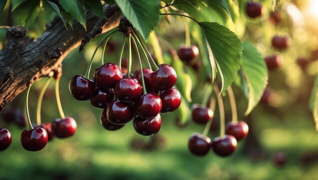 Stella cherry tree loaded with dark red ripe cherries on the branches
