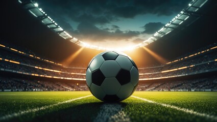 Game season opening with a classic soccer ball on a grass football pitch illuminated by stadium spotlights. Highlighting sport, art, energy, and strength. Poster for promotional purposes and design.