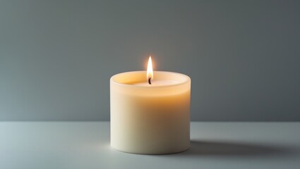 Illuminated vanilla candle against a simple backdrop