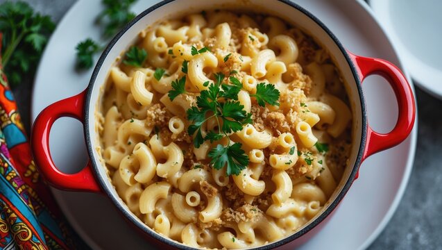 Top-down view of cheesy macaroni in a red pot, traditional comfort food