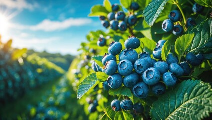Harvest-ready Blueberry Crops in a Farm Field Featuring Green Leaves and Fresh Produce
